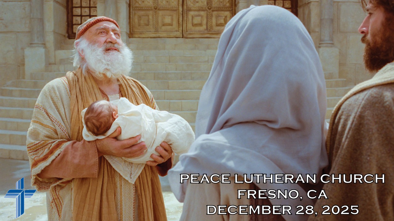 Bearded man holding newborn on church steps